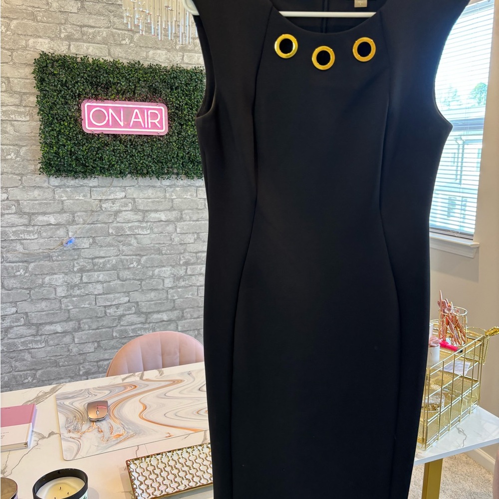 Calvin Klein Black and Gold Embellished Sheath Midi Dress